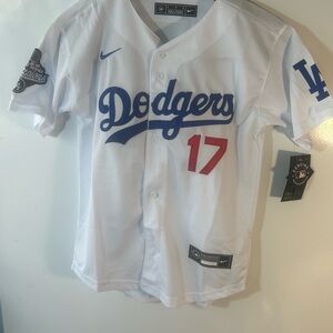 Nike MLB White Dodgers Jersey  Ohtani with Blue Script and Red Number 17